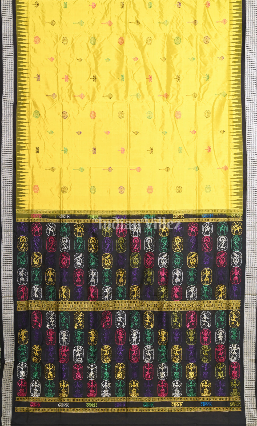 Yellow Black Odisha Ikat Bomkai Sambalpuri Silk Saree with Dasabatara Anchal