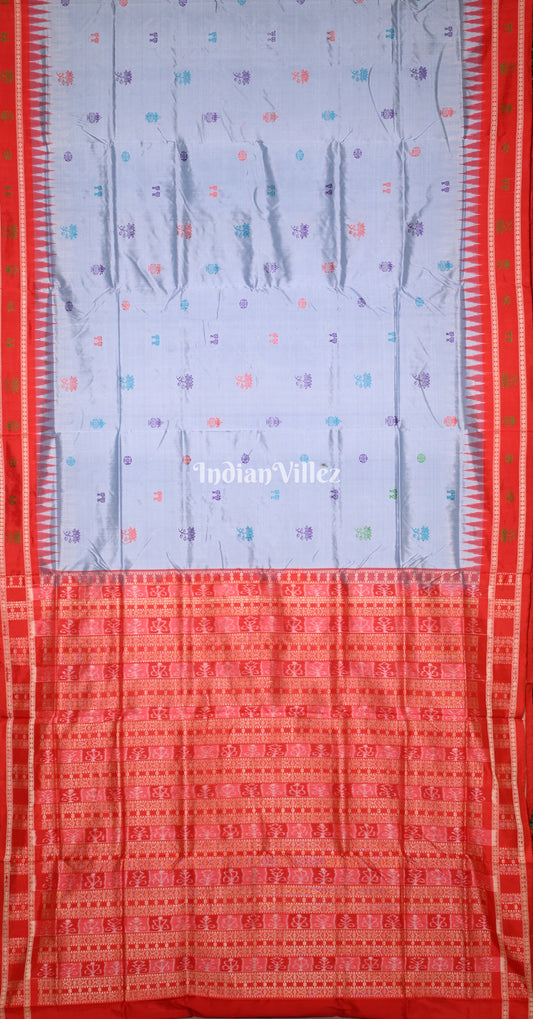 Grey Red Laxmi Feet Odisha Ikat Bomkai Sambalpuri Silk Saree