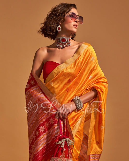 Yellow Handwoven Tussar Banarasi Saree With Emboridery on Pallu