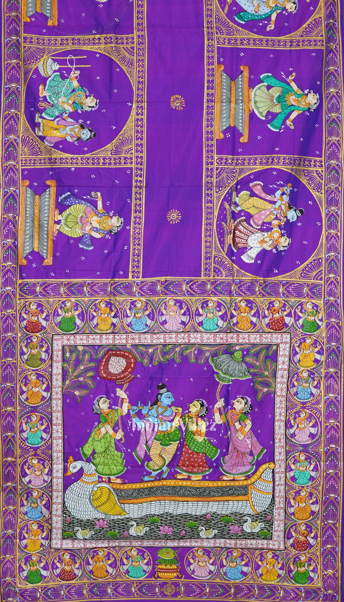 Purple Duotone Radha Krishna Boita Theme Pattachitra Pure Silk Saree