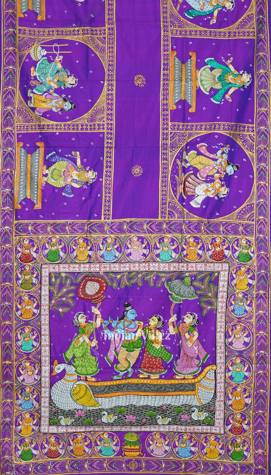 Purple Duotone Radha Krishna Boita Theme Pattachitra Pure Silk Saree