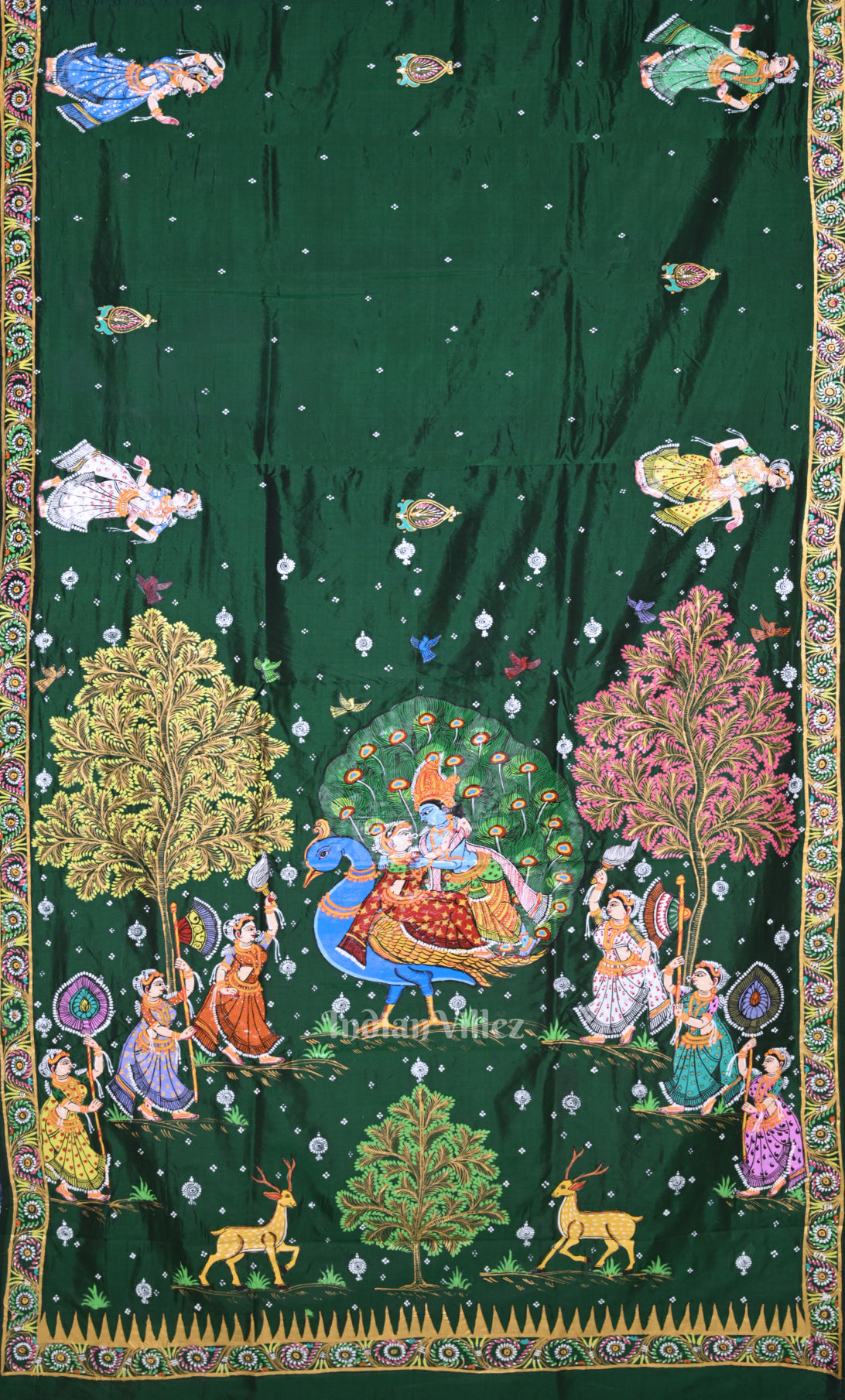 Green Blue Krishna Peacock Design Hand-Painted Pattachitra Saree