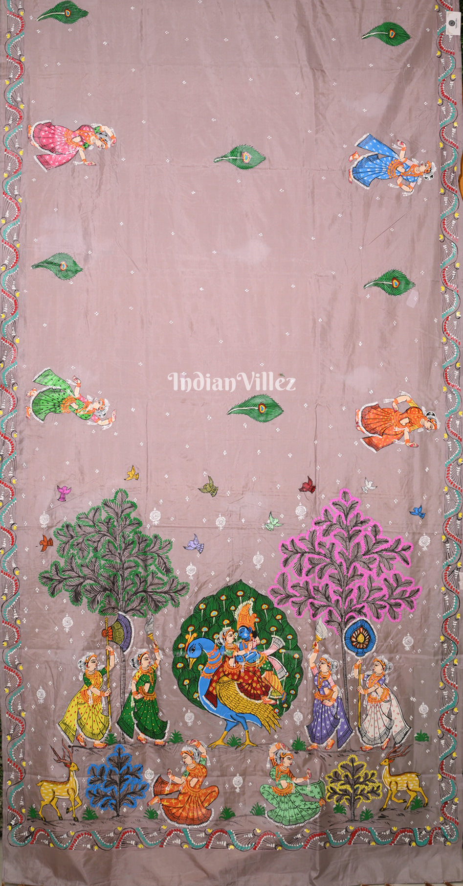 Mauve Pink Orange (Mayur) & Nartaki Theme Dual Tone Hand-Painted Pattachitra Saree