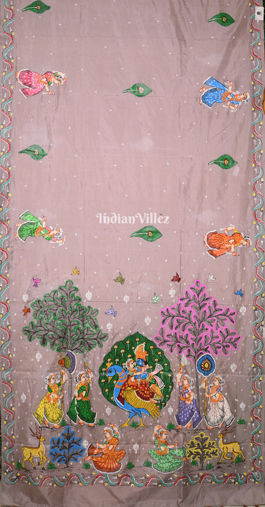 Mauve Pink Orange (Mayur) & Nartaki Theme Dual Tone Hand-Painted Pattachitra Saree