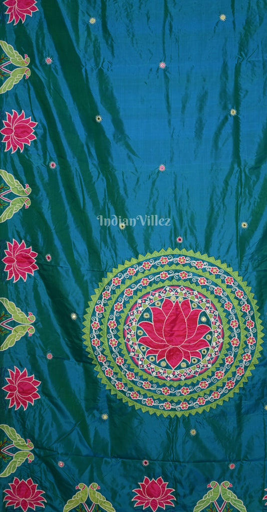 Blue Pink Lotus Parrot Motif Hand Embroidered Applique Work Saree