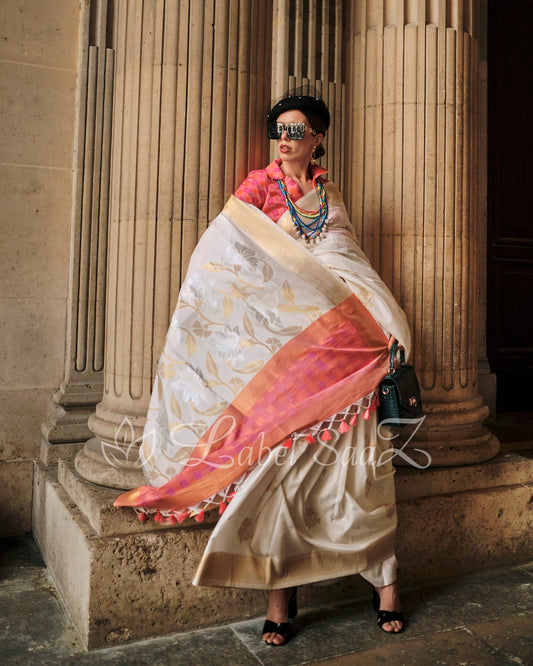 White Peach Soft Handloom Silk Weaving Saree