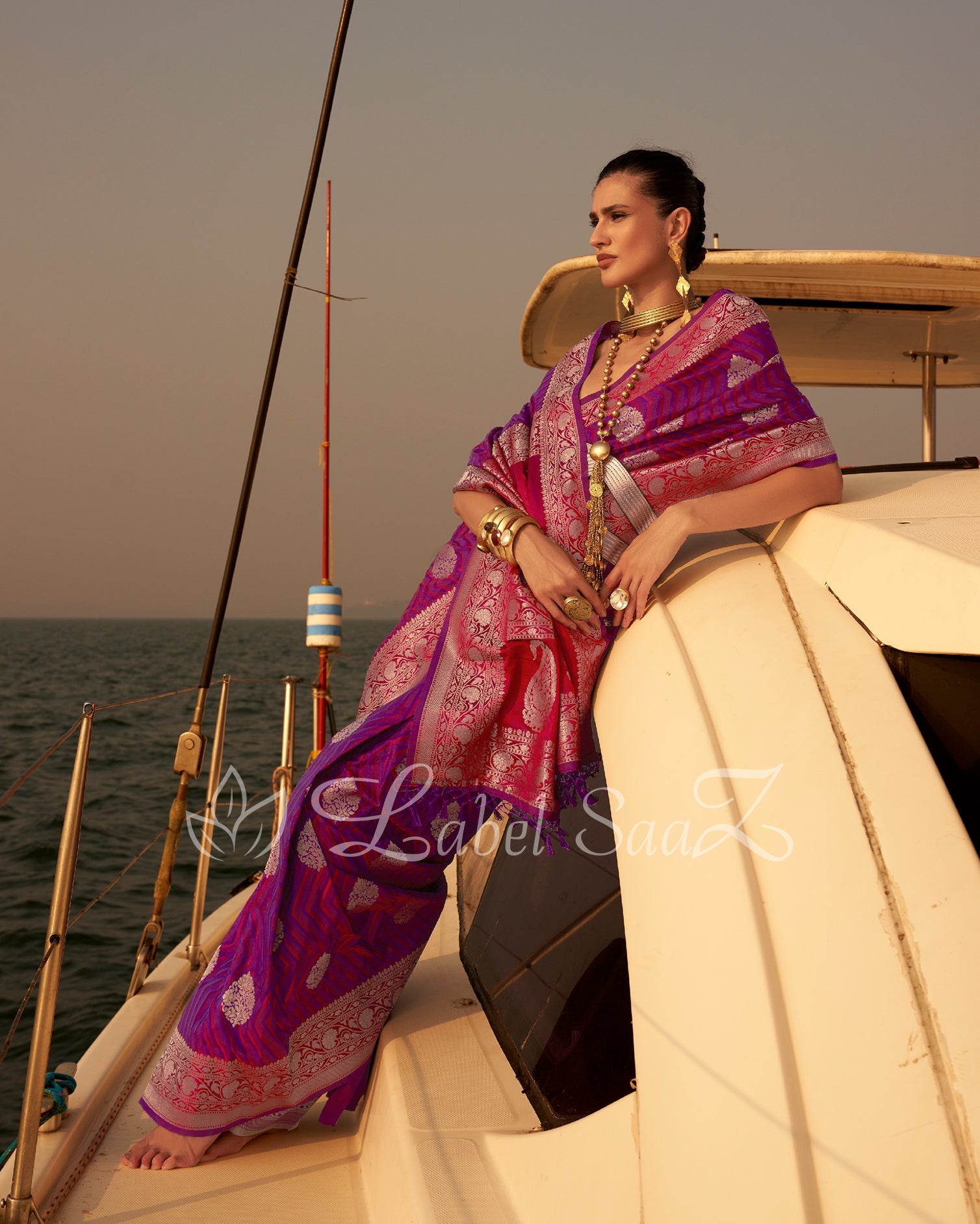 Magenta Two Tone Leheriya Banarasi Satin Silk Saree