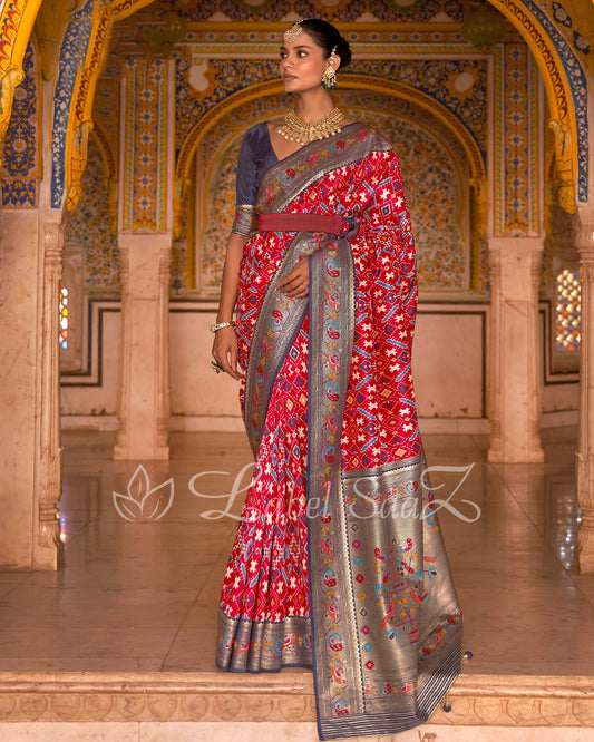 Blue Red Patola inspired Pochampally with Paithani Border and Pallu