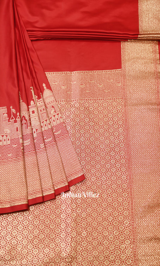 Red Handwoven Banarasi Katan Silk Saree with Kashi Ghat Weaves 
