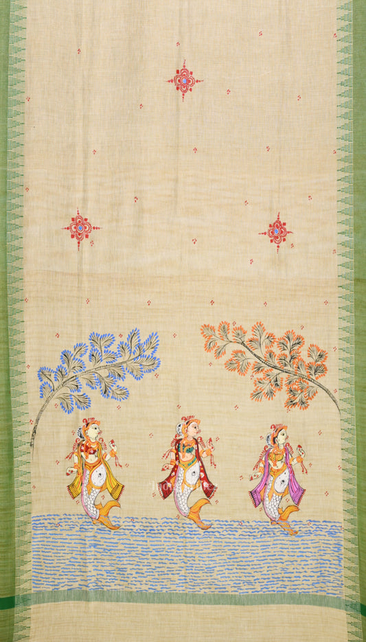 Cream Green Mastya Kanya Hand-Painted Tussar Pattachitra Dupatta