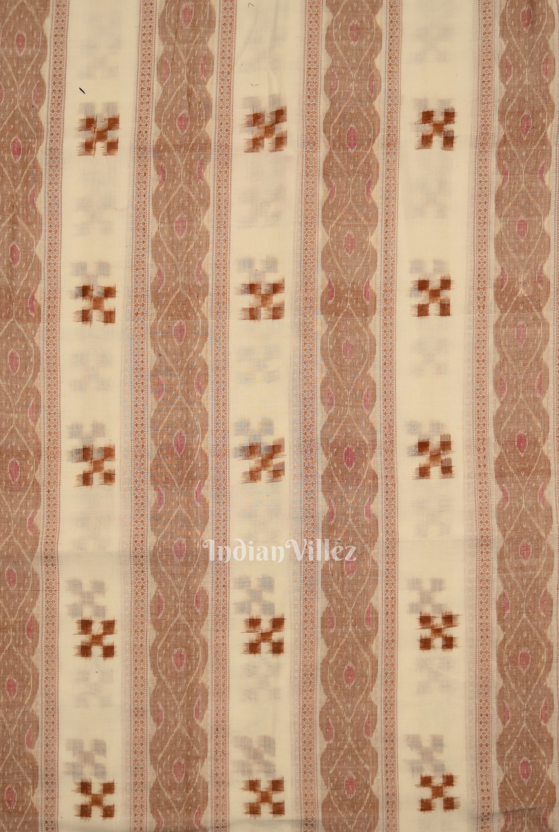 White  Brown Pasapali Sambalpuri Ikat Cotton Fabric 