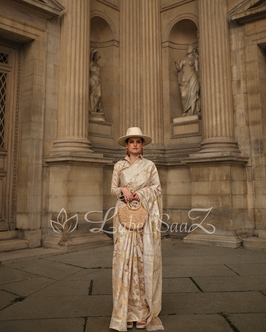 Beige And Brown Handwoven Pure Organza Silk Chikankaro Saree