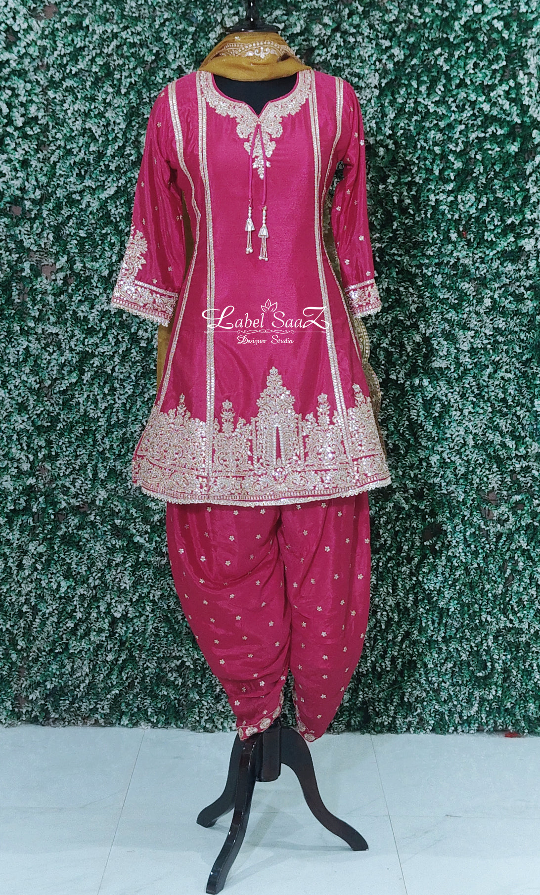 Rani Pink Sequence Embroidered  Kurta Dhoti Pant Set with Dupatta