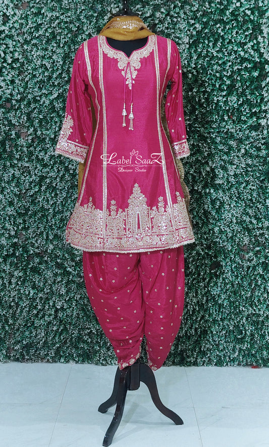 Rani Pink Sequence Embroidered  Kurta Dhoti Pant Set with Dupatta