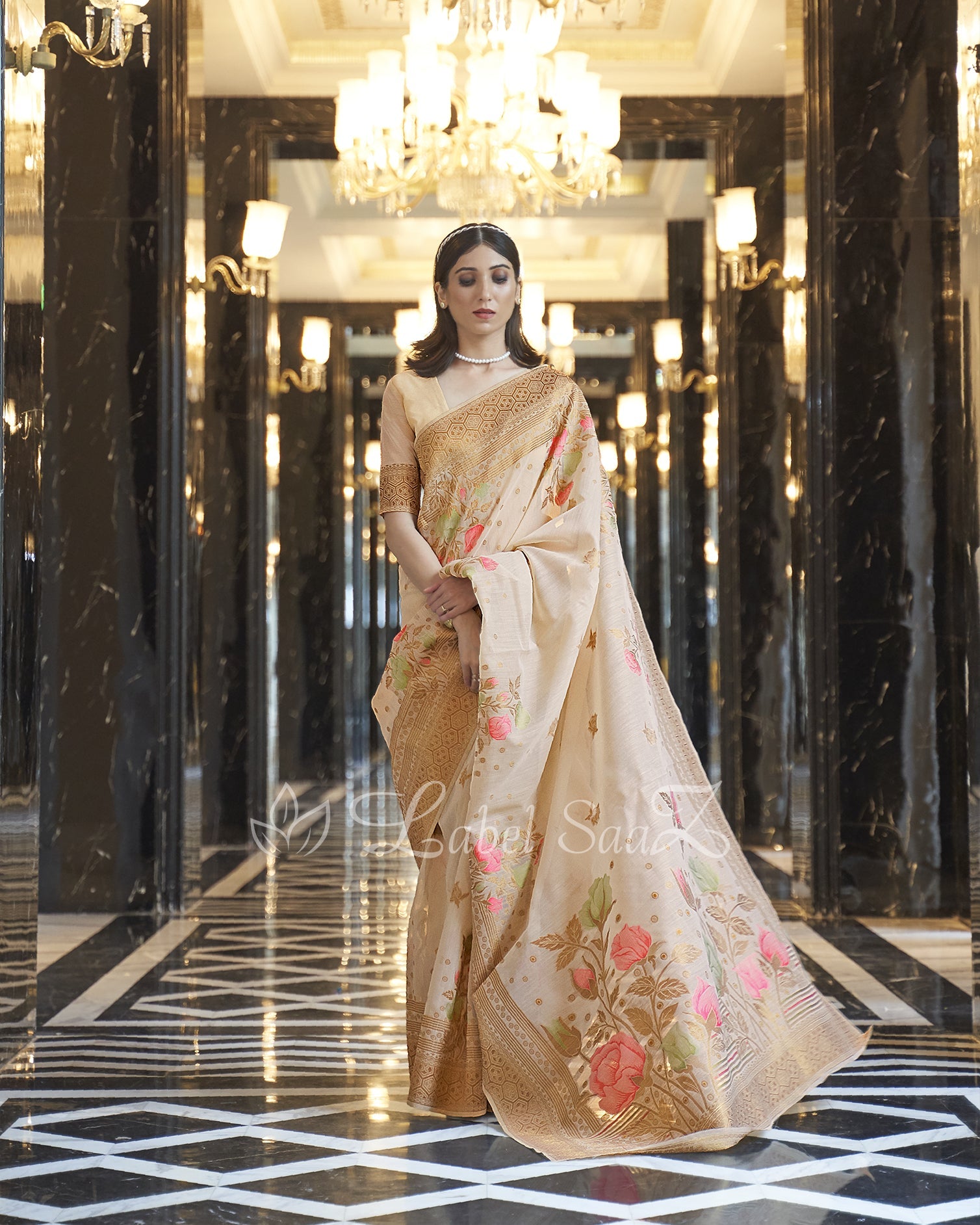 Beige Floral Handwoven Linen Saree