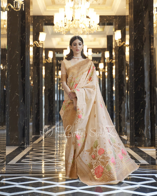 Beige Floral Handwoven Linen Saree