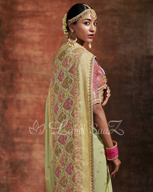 Green Designer Meenakri Banarasi with Kashmiri Embroidery and Heavy Blouse