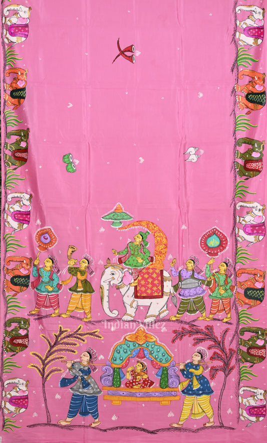 Pink Doli Barat Theme Hand-Painted Pattachitra Saree