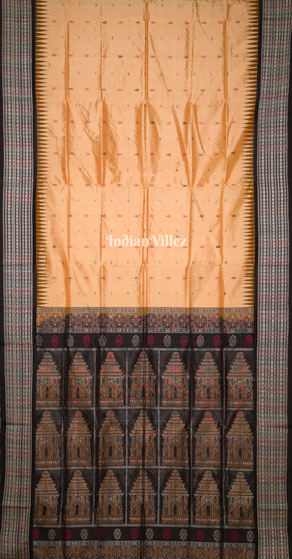 Beige Black Odisha Ikat Bomkai Sambalpuri Silk Saree with Konark Wheel Anchal