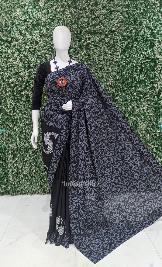 Black Odisha Ikat Applique Border Hand Embroidered Cotton Saree
