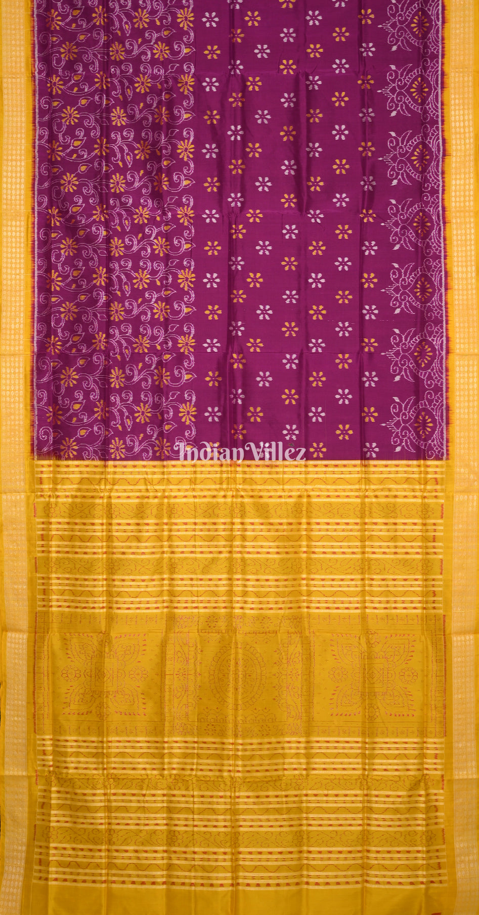 Purple Mustard Yellow Flower Motif Odisha Ikat Sambalpuri Silk Saree