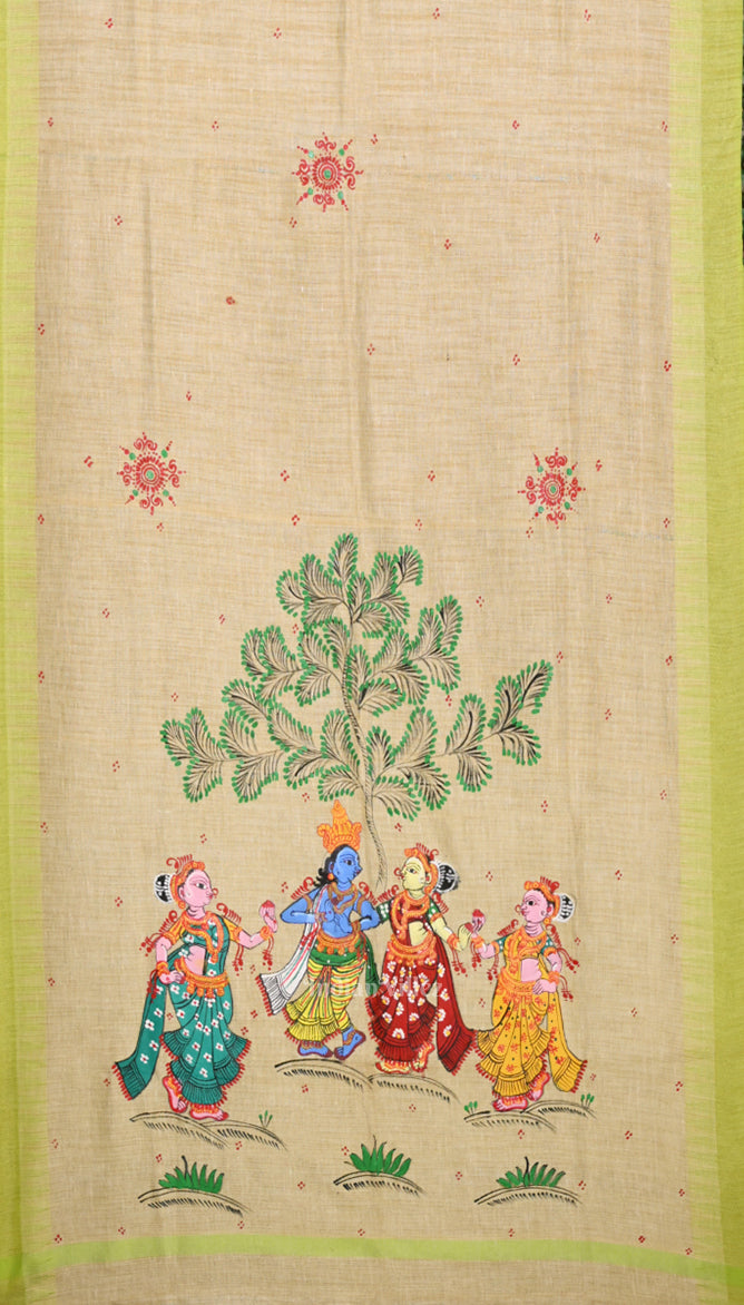Cream Parrot Green Radha Krishna  Hand-Painted Tussar Pattachitra Dupatta