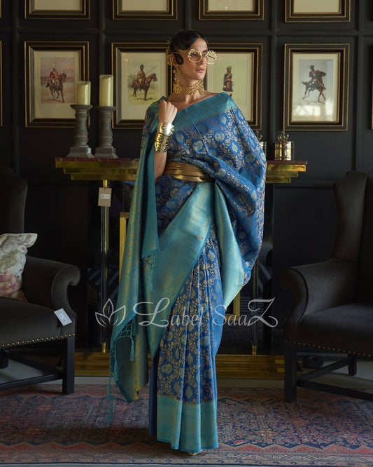 Blue Pure Chaap Handloom Weaving Silk Saree