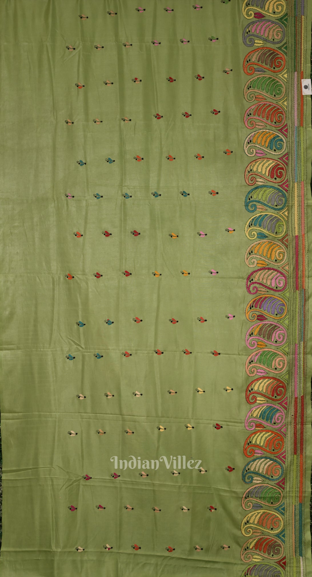 Parrot Green Handwoven Kantha Stitch Silk Saree 