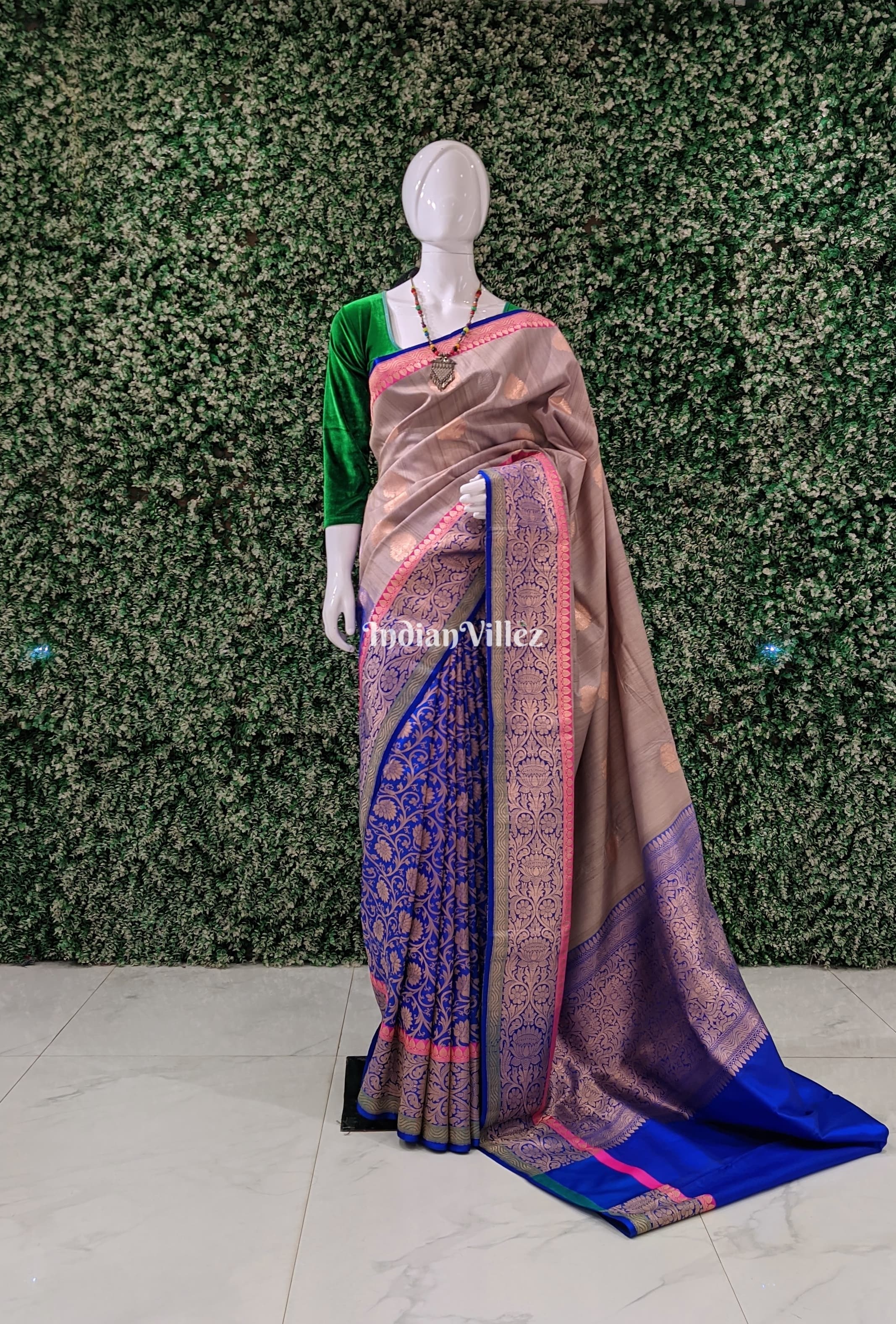 Blue-Grey Brocade Tussar Banarasi Handloom Silk Saree
