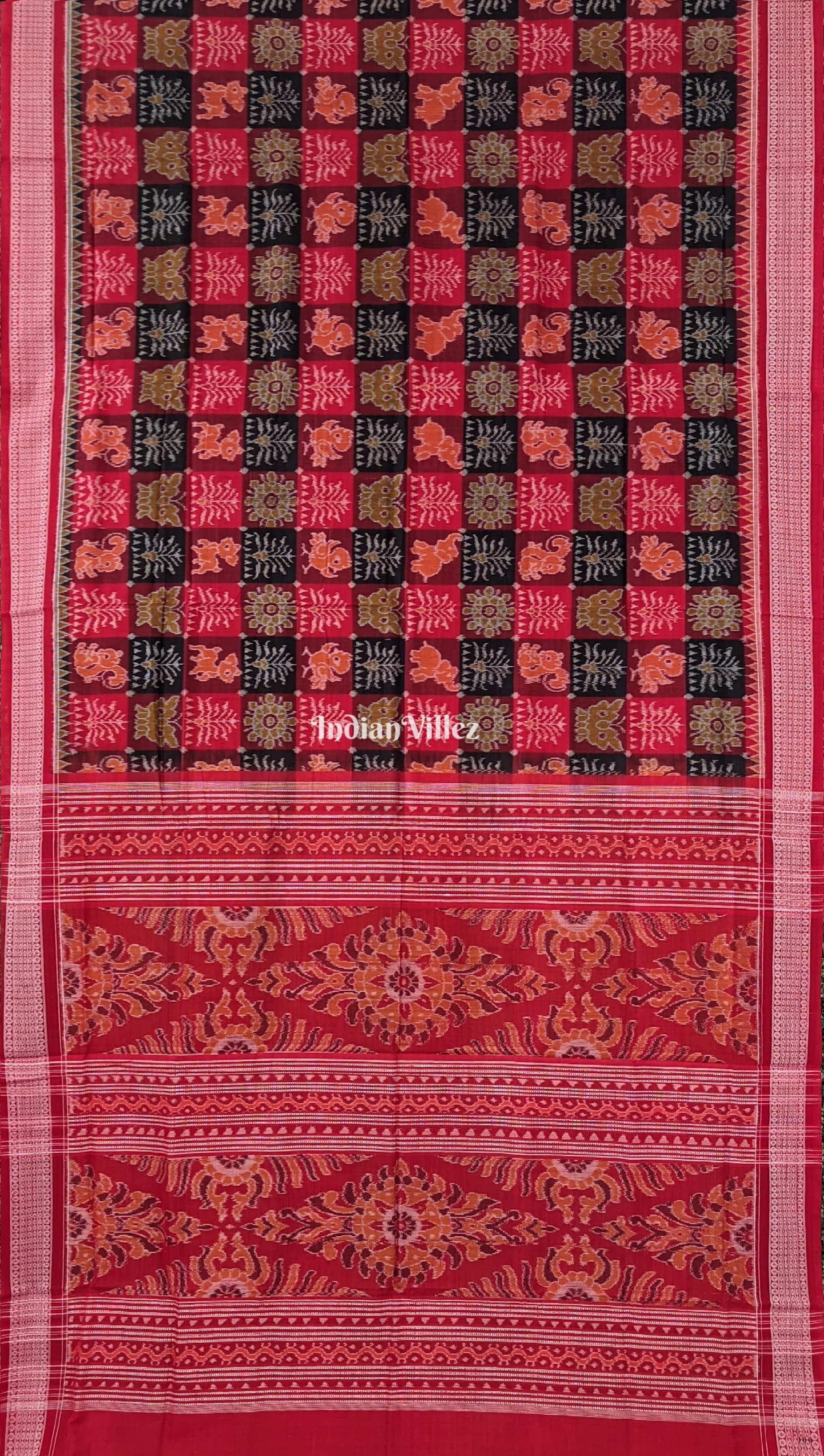 Red with Multicolored Kothi Sambalpuri Ikat Cotton Saree