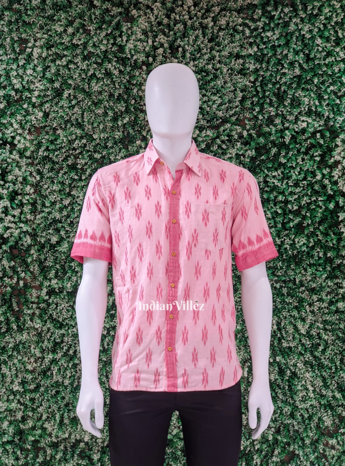 Pink Cotton Ikat Half Sleeve Shirt for Men