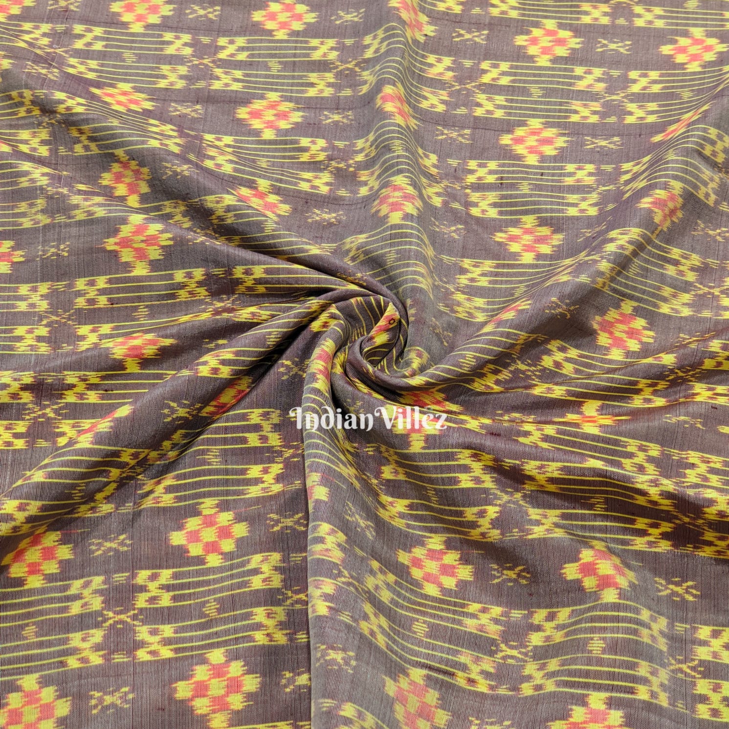 Grey Yellow Small Paspali Sambalpuri Ikat Silk Fabric