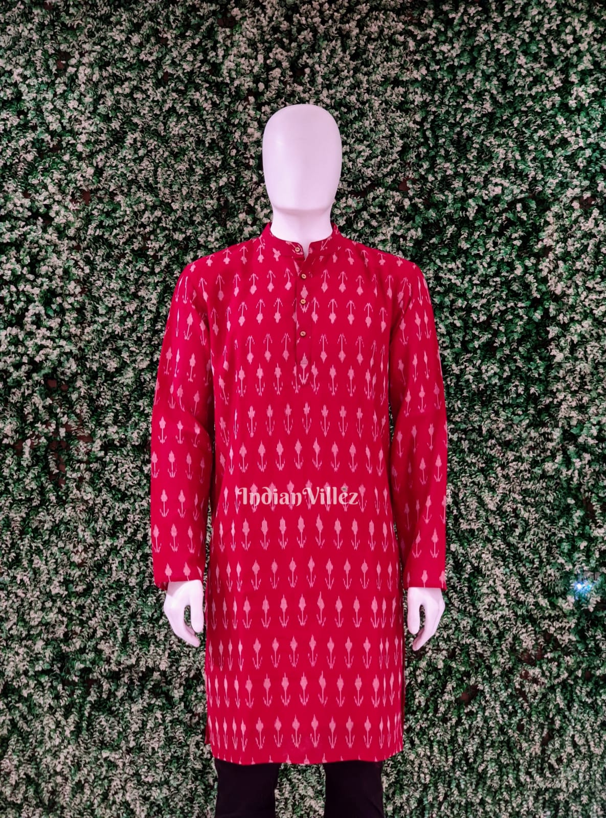 Red Pochampally Ikat Cotton Kurta for Men