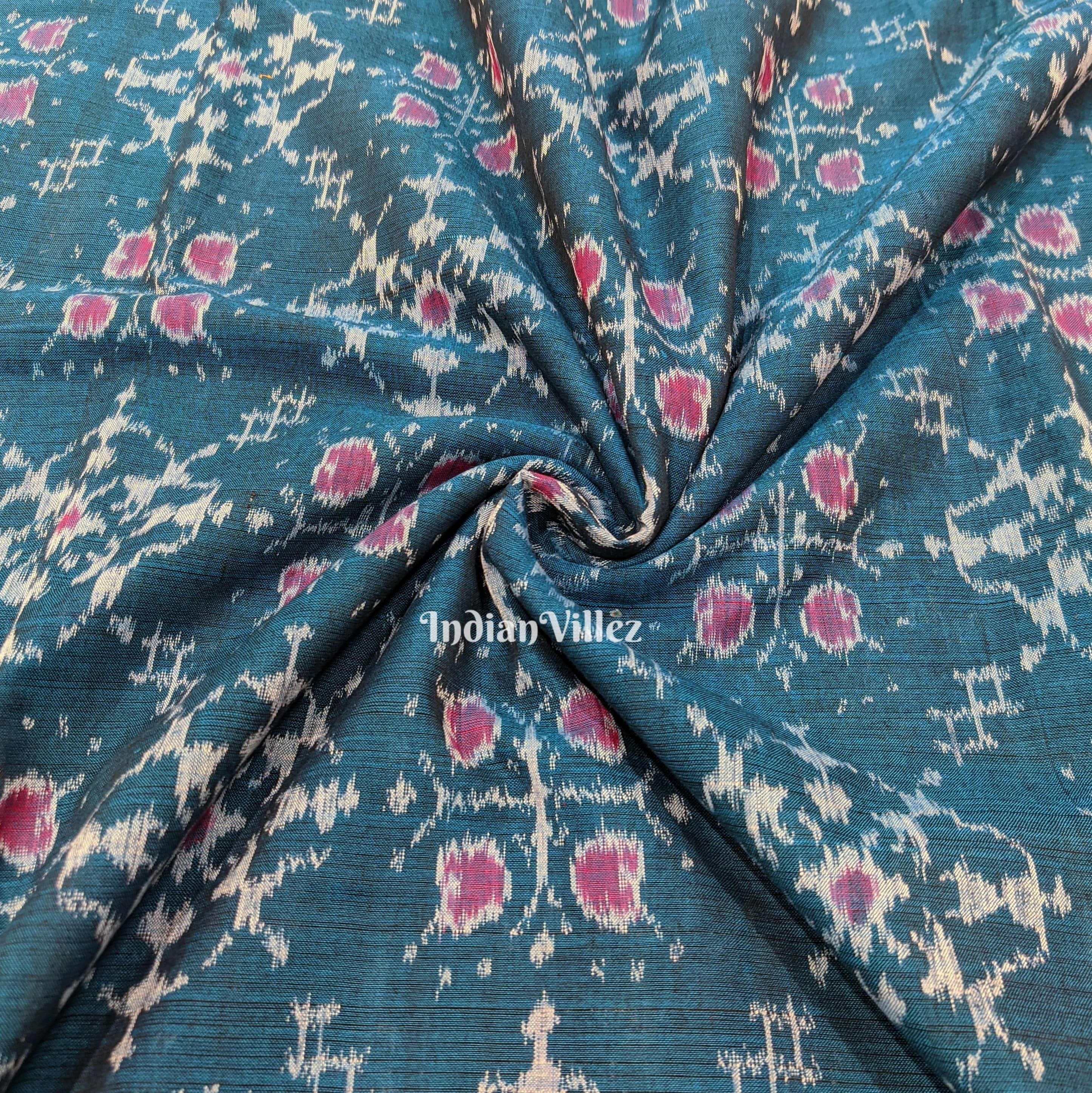 Peacock Blue Tribal Jhoti Design Sambalpuri Ikat Cotton Fabric