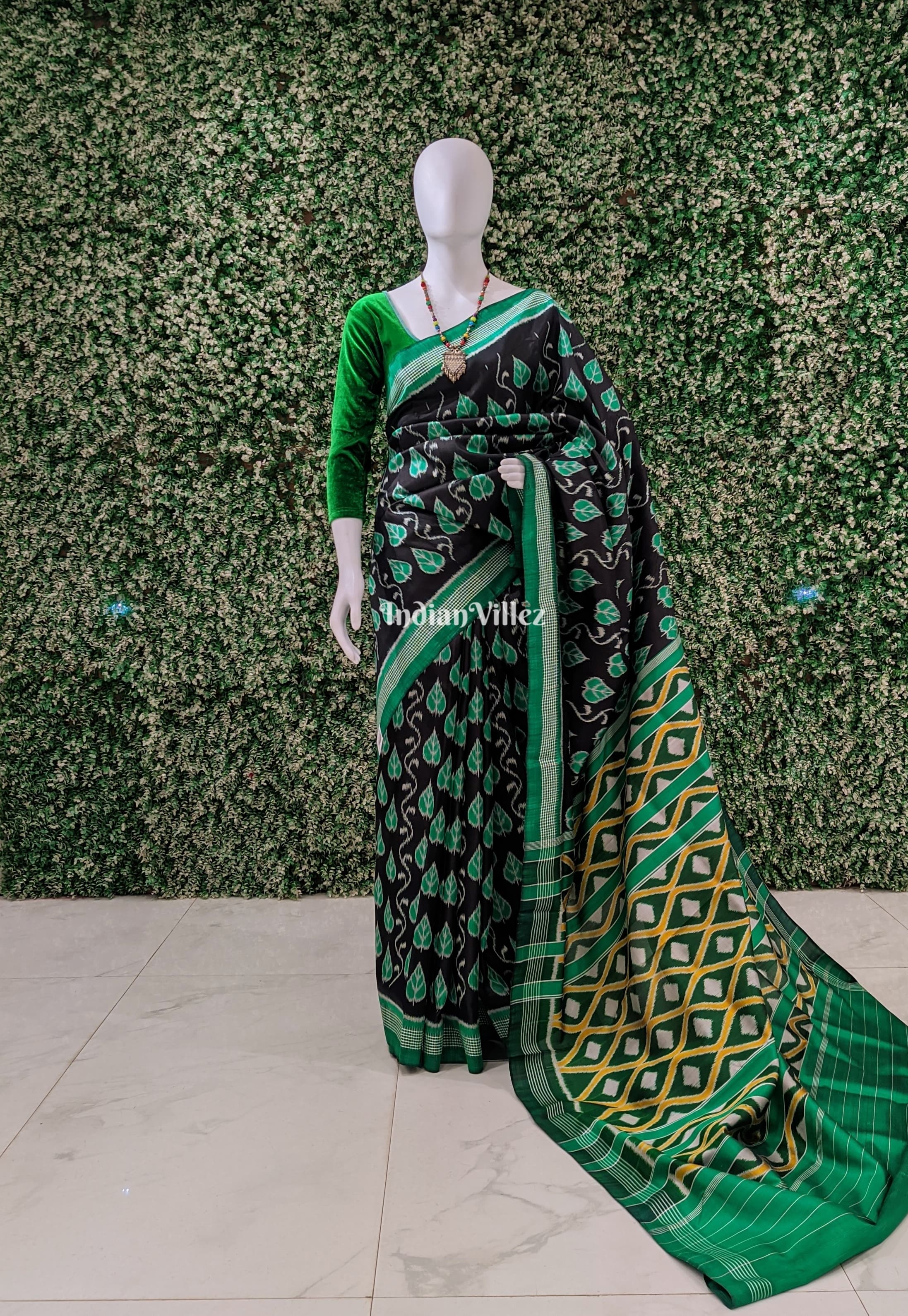 Black With Green Odisha Ikat Contemporary Silk Saree
