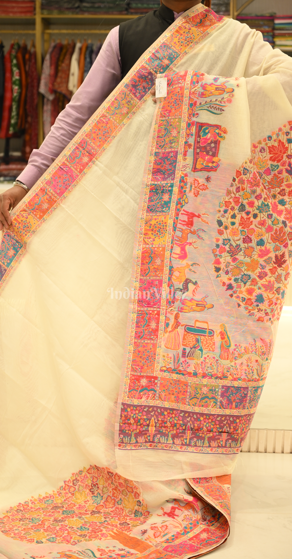 Cream Tree of Life Pure Kashmiri Cotton Pashmina Saree