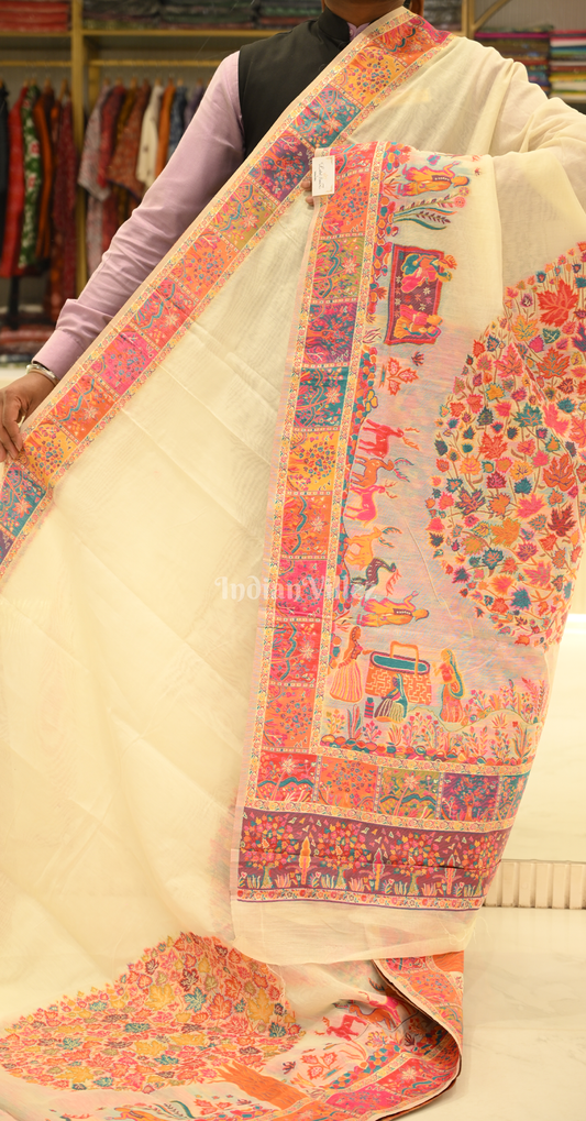 Cream Tree of Life Pure Kashmiri Cotton Pashmina Saree