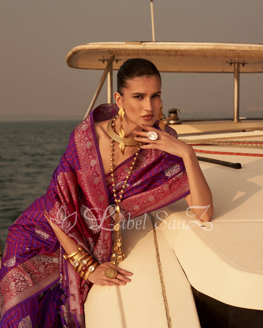 Magenta Two Tone Leheriya Banarasi Satin Silk Saree