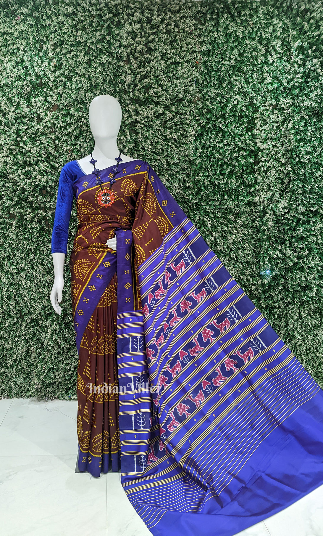 Maroon Blue Jhoti Theme Odisha Ikat Contemporary Designer Silk Saree