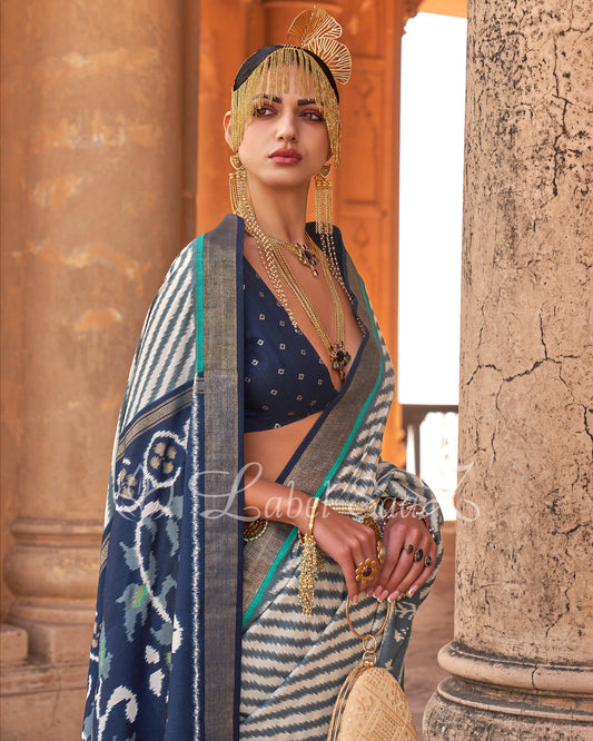 Blue White Strip Leheriya Pochampally Ikat Saree