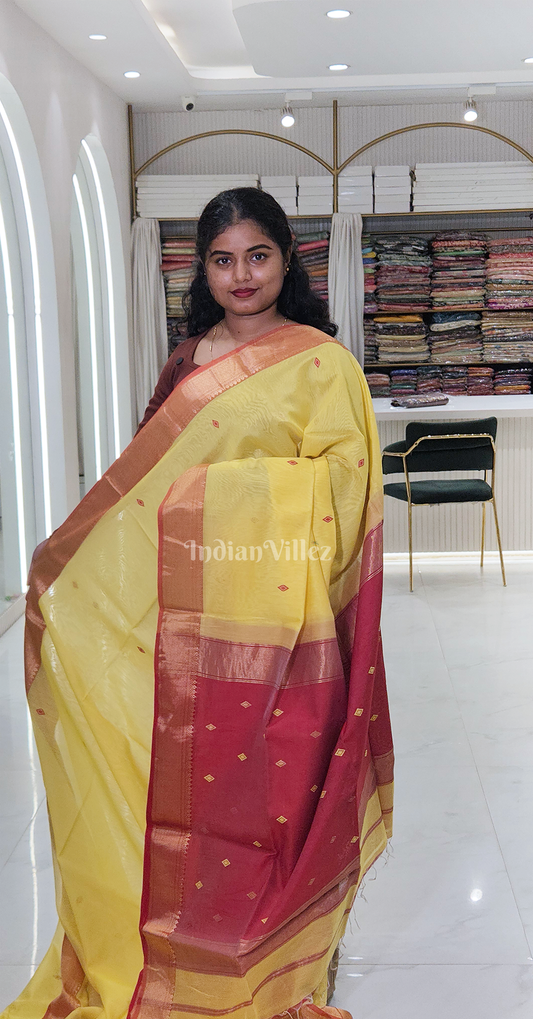 Yellow Red Pure Silk Cotton Maheshwari Saree with Zari Border