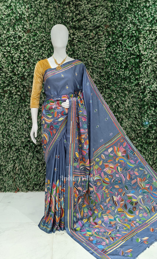 Light Blue Handwoven Kantha Stitch Silk Saree