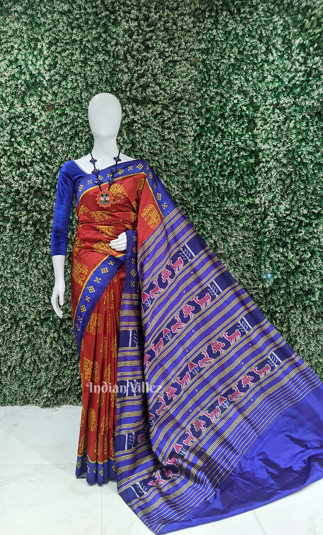 Red Blue Elephant Motif Odisha Ikat Contemporary Designer Silk Saree