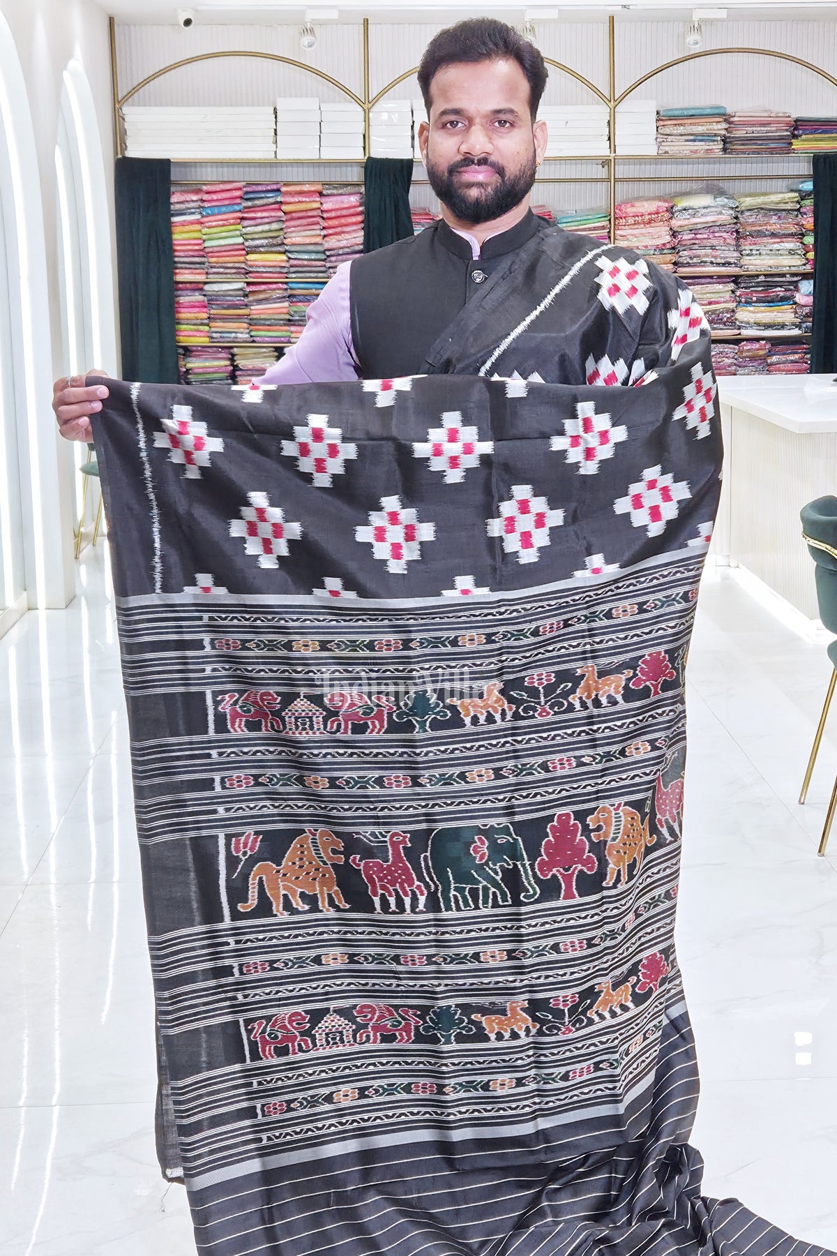 Black Red Pasapali Odisha Ikat Contemporary Designer Silk Saree