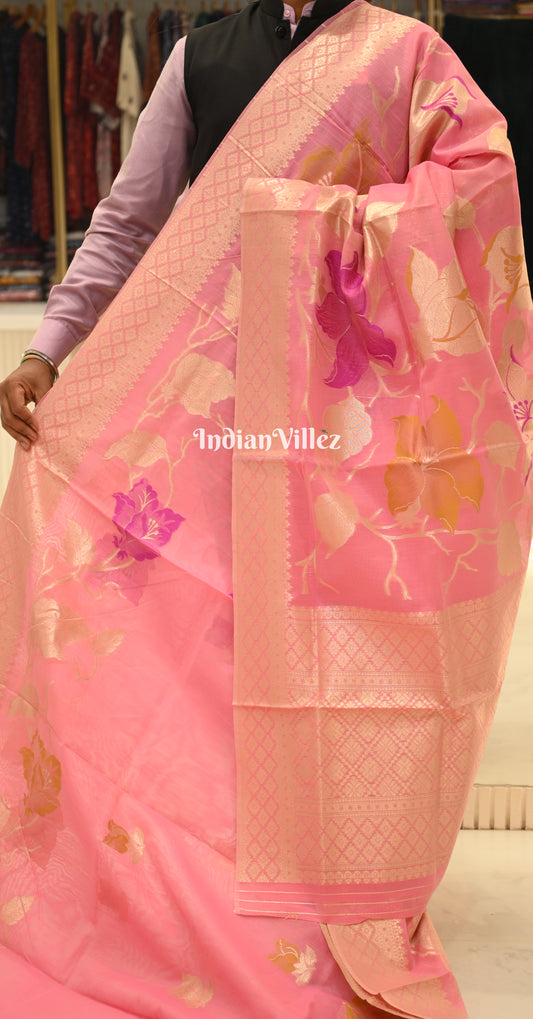 Peach Pink Floral Linen Saree