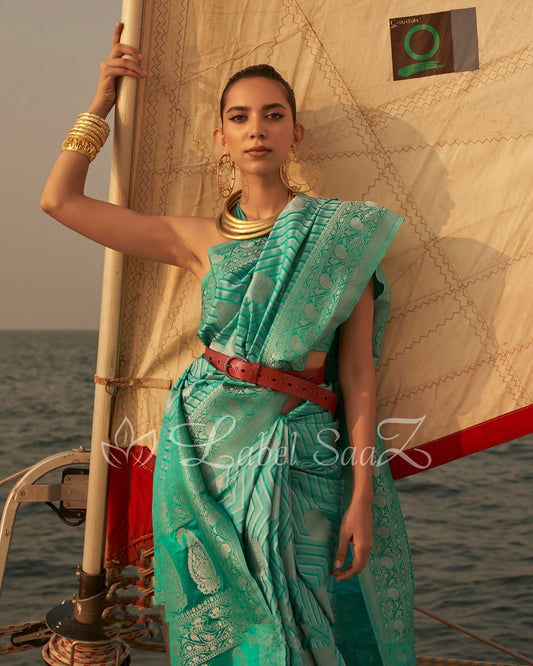 Sea Green Two Tone Leheriya Banarasi Satin Silk Saree