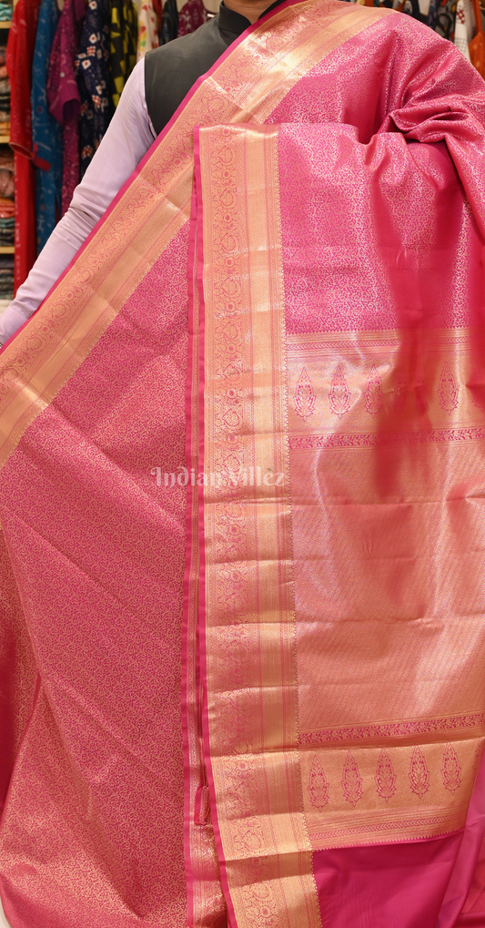 Rani Pink Floral Pure Brocade Kanjivaram Silk Saree