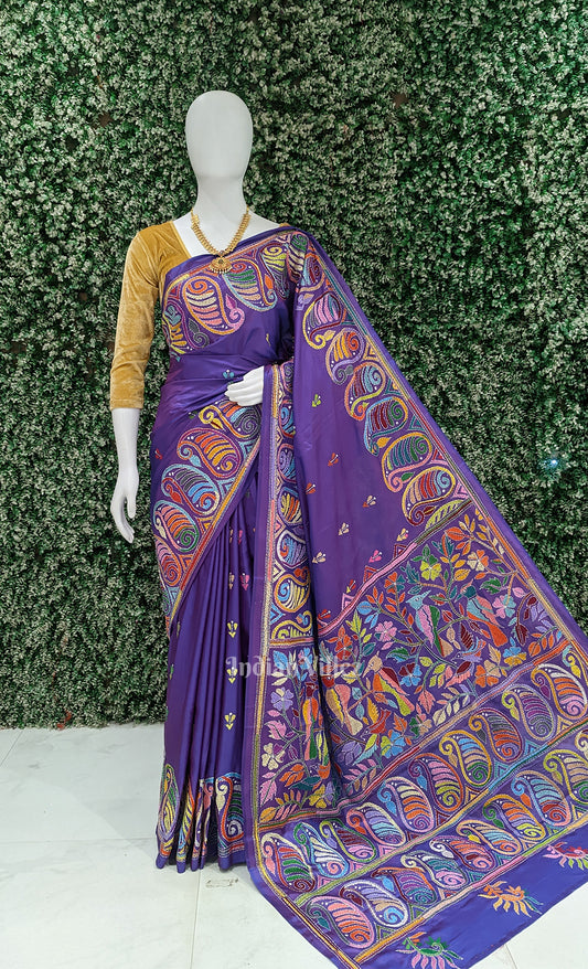 Purple Dual Tone Handwoven Kantha Stitch Silk Saree