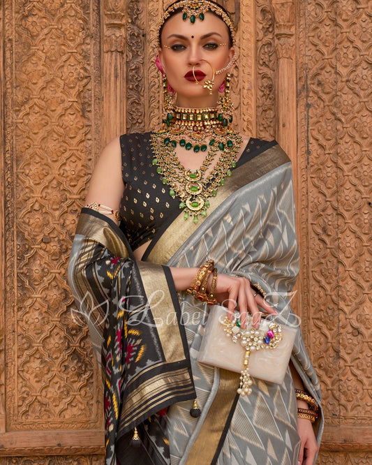 Grey with Black Patola Inspired Pochampally South Silk Saree