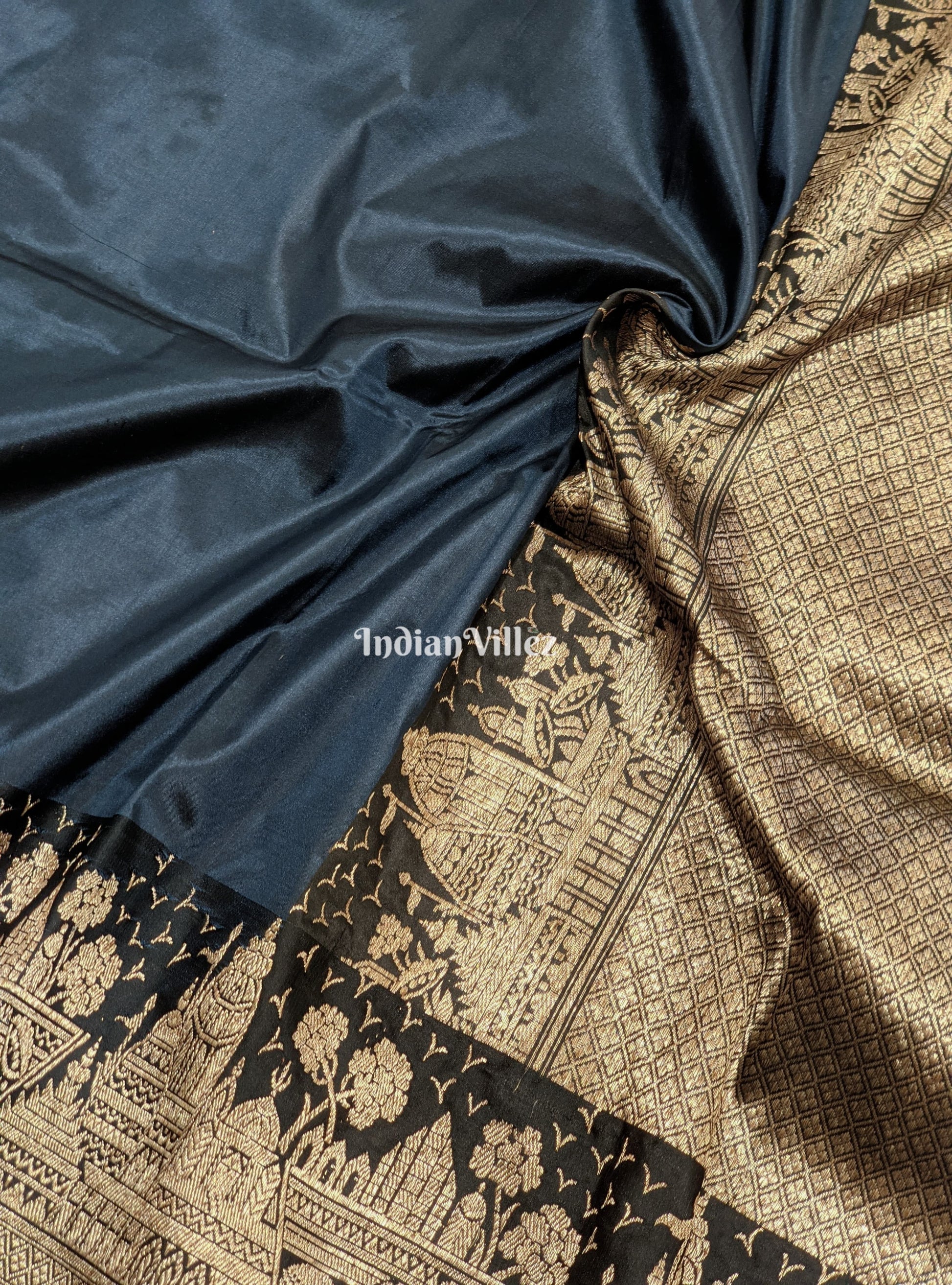 Grey Blue Handwoven Banarasi Katan Silk Saree with Kashi Ghat Weaves